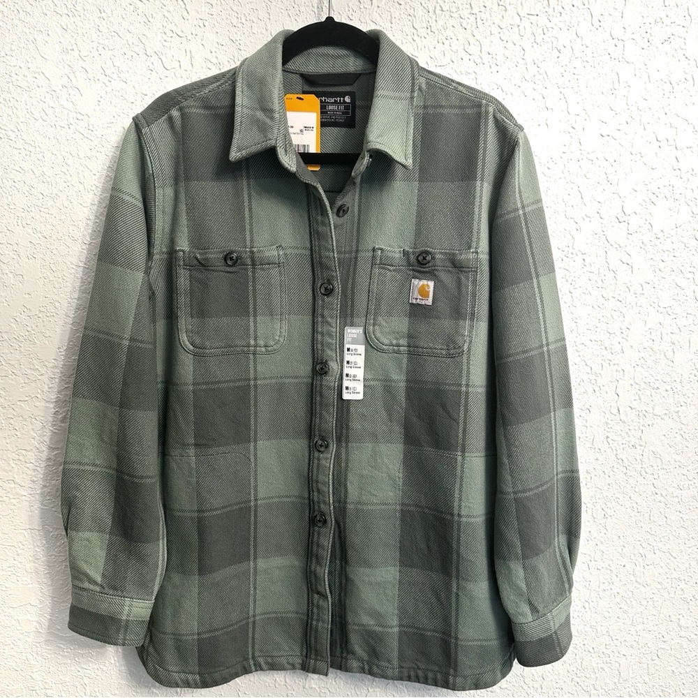Carhartt Women's Loose Fit Twill Shirt Jac in green plaid  Sz M - Picture 2 of 8